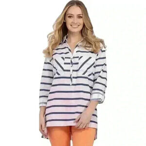 Tribal White and Blue Stripe Cotton Half Button Down Top Size L. #54